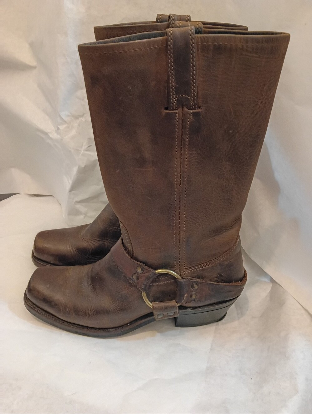 Vtg Frye Womabs Boots Harness Brown Square Toe Black Label 8M Southwest - Picture 1 of 16